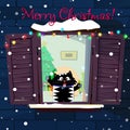 Christmas greeting card of kawaii cartoon cat catching snow flakes on window Royalty Free Stock Photo