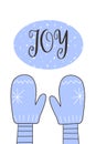 Christmas greeting card, knitted mittens background. Snow and paper cut texture. Mittens with scandinavian image. Warm