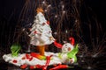 Ingredients, Christmas greeting card, snowman, Christmas tree Royalty Free Stock Photo