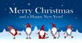 Christmas greeting card `Merry Christmas and a Happy New Year` with cute Christmas gnomes and a snowy evening starry landscape