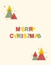 Christmas greeting card. Merry Christmas text and multicolored Christmas trees. Vector illustration in risograph style