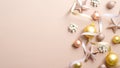Christmas Greeting Card Mockup With Elegant Decorations, Gold Xmas Balls, Pink Stars, Ribbon On Pastel Ivory Background. Happy New
