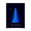 Christmas greeting card with modern Christmas tree is blue-light, against dark sky with twinkling blue stars Royalty Free Stock Photo