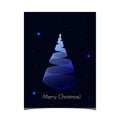 Christmas greeting card with modern Christmas tree with blue-light gradient, twisted in spiral, against dark sky with Royalty Free Stock Photo