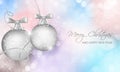 Christmas greeting card. New Year postcard. Christmas baubles on multicolor vector bokeh background with stars and snowfall. Royalty Free Stock Photo