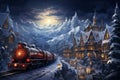 Christmas greeting card with night train on winter snowy old town landscape