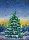 Christmas greeting card. Oil painting and digital technology. Christmas tree covered with snow on the background of the forest. Ev Royalty Free Stock Photo