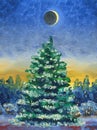 Christmas greeting card. Oil painting and digital technology. Christmas tree covered with snow on the background of the forest. Ev Royalty Free Stock Photo