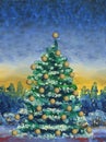 Christmas greeting card. Oil painting and digital technology. Christmas tree with decorations on the background of the forest. Eve Royalty Free Stock Photo