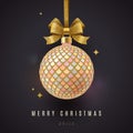 Christmas greeting card - ornate Christmas ball with glitter gold bow. Royalty Free Stock Photo