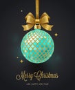 Christmas greeting card - ornate Christmas ball with glitter gold bow. Royalty Free Stock Photo