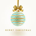 Christmas greeting card - ornate bauble hang on glitter gold ribbon. Royalty Free Stock Photo