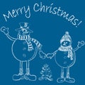 Christmas greeting card with outline drawing of couple cheerful snowmen