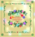 Christmas greeting card with paper cutting conifer green branches decoration, candle, hanging colorful balls and jingle bells, con Royalty Free Stock Photo