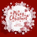Christmas greeting card with paper snowflakes round frame on red background for Your holiday design Royalty Free Stock Photo