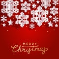 Christmas greeting card with paper snowflakes and stars border on red background for Your holiday design Royalty Free Stock Photo