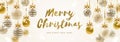 Christmas greeting card - patterned golden baubles with bow under snow and brush calligraphy glitter gold greeting.