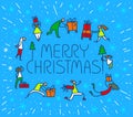 Christmas greeting card with people with gifts and christmas tree. Winter seasonal background