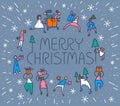 Christmas greeting card with people with gifts and christmas tree. Winter seasonal background