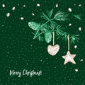 Christmas greeting card Realistic Botanical ink sketch of colorful fir tree garland with pine cone and xmas gingerbread Royalty Free Stock Photo