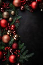 Christmas greeting card with red and golden glass balls on black . Generative AI. Royalty Free Stock Photo