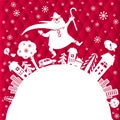 Christmas greeting card with Santa Claus, city, trees and motivational text. Holiday vector illustration. Keep calm and ho-ho-ho