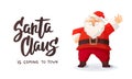 Christmas greeting card. Santa Claus is coming text. Cartoon vector illustration of Santa Claus waving a hand Royalty Free Stock Photo
