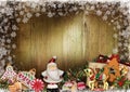 Christmas greeting card with Santa Claus, cookies, candy and Christmas decoration