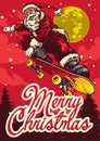 Christmas greeting card with santa claus riding skateboard