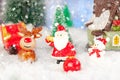 christmas greeting card, santa claus, snowman and reindeer with gifts on sleigh, concept Royalty Free Stock Photo