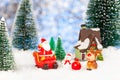 christmas greeting card, santa claus, snowman and reindeer with gifts on sleigh, concept Royalty Free Stock Photo