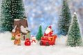 christmas greeting card, santa claus, snowman and reindeer with gifts on sleigh, concept Royalty Free Stock Photo