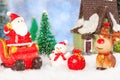 christmas greeting card, santa claus, snowman and reindeer with gifts on sleigh, concept Royalty Free Stock Photo