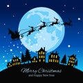 Christmas greeting card with santa and deers flying sky over city vector illustration Royalty Free Stock Photo