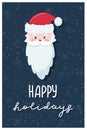 Christmas greeting card. Santa`s head in a hat and beard on a dark background with snowflakes. Hand lettering - Happy holidays. Royalty Free Stock Photo