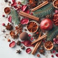 Christmas greeting card from scattered spruce twigs, red dry petals of fruit tree, golden fruits, cinnamon sticks Royalty Free Stock Photo