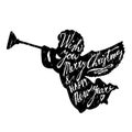 Christmas greeting card with silhouette of angel blowing trumpet and hand lettered text,