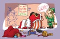 Christmas greeting card with sleeping santa claus and surprised elf