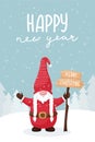 Christmas greeting card with a smiling dwarf holding a wooden sign with words Merry Christmas. Winter forest. Hand Lettering -