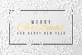 Christmas greeting card. Snowflakes cut out of paper. Happy New Year 2019. Seasonal festive web banner. Text in frame. Vector Royalty Free Stock Photo