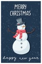 Christmas greeting card. A snowman in a hat and scarf with twig arms on dark background. Hand lettering - Merry Christmas and Royalty Free Stock Photo