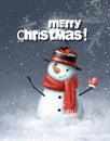 Christmas greeting card with snowman, holiday illustration in watercolor stile with cartoon character