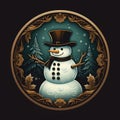Christmas greeting card with a snowman in a round frame. Vector illustration. Generative AI Royalty Free Stock Photo