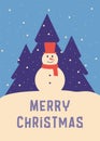 Christmas greeting card with snowman in winter forest at night. Snow-covered landscape. Merry Christmas text Royalty Free Stock Photo