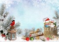 Christmas greeting card with space for text, with gifts, a lantern, a bullfinch, a bag of letters and sweets Royalty Free Stock Photo