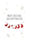 Christmas greeting card with a strip full of winter socks, white background and the text Merry Christmas and Happy New Year