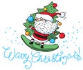 Christmas greeting card with surfing Santa Klaus