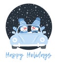 Christmas Greeting card template. Cute snowmen in light blue car. Snowmen waving their hands. Two snowmen in blue hats, scarves Royalty Free Stock Photo