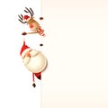 Christmas greeting card template. Santa Claus and Reindeer peeking behind signboard on transparent background