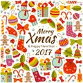 Christmas greeting card with text Merry Xmas and many winter doodle toys